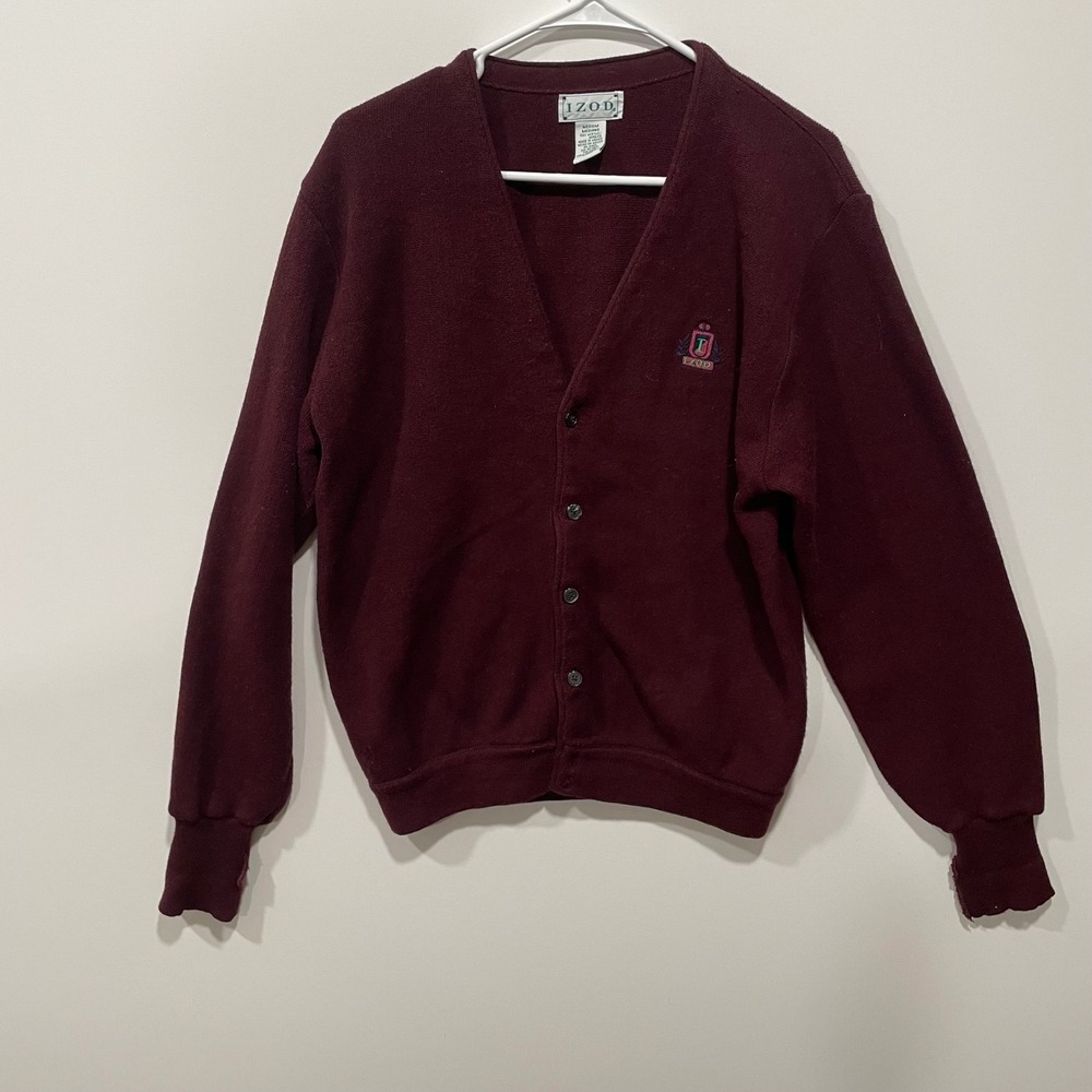 IZOD Mens Burgundy‎ V Neck Button Cardigan Sweater Medium Acrylic Logo